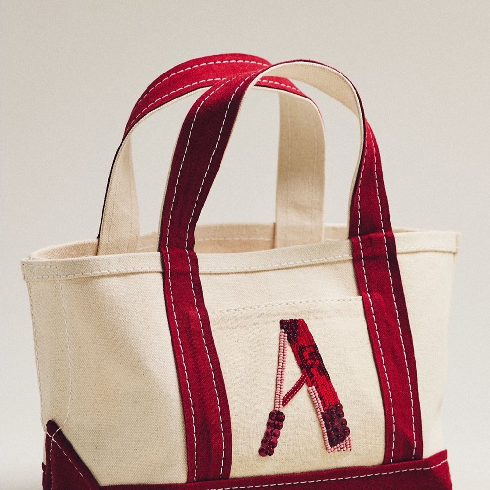 Anthropologie Cream Canvas Tote with Red Accents